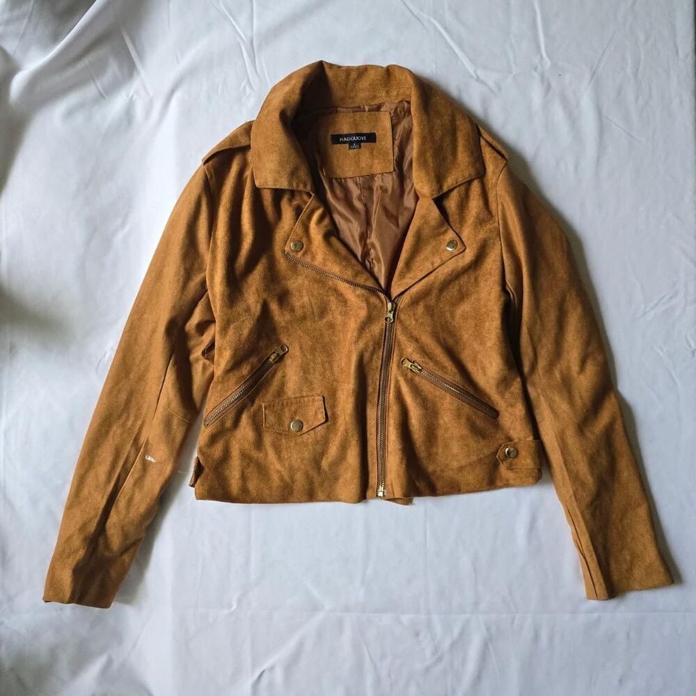 Haoduoyi Camel Brown Faux Suede Moto Biker Jacket Size S